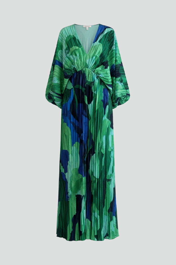 Robe Maxi Plissée Femme avec Décolleté en V et Fente Latérale