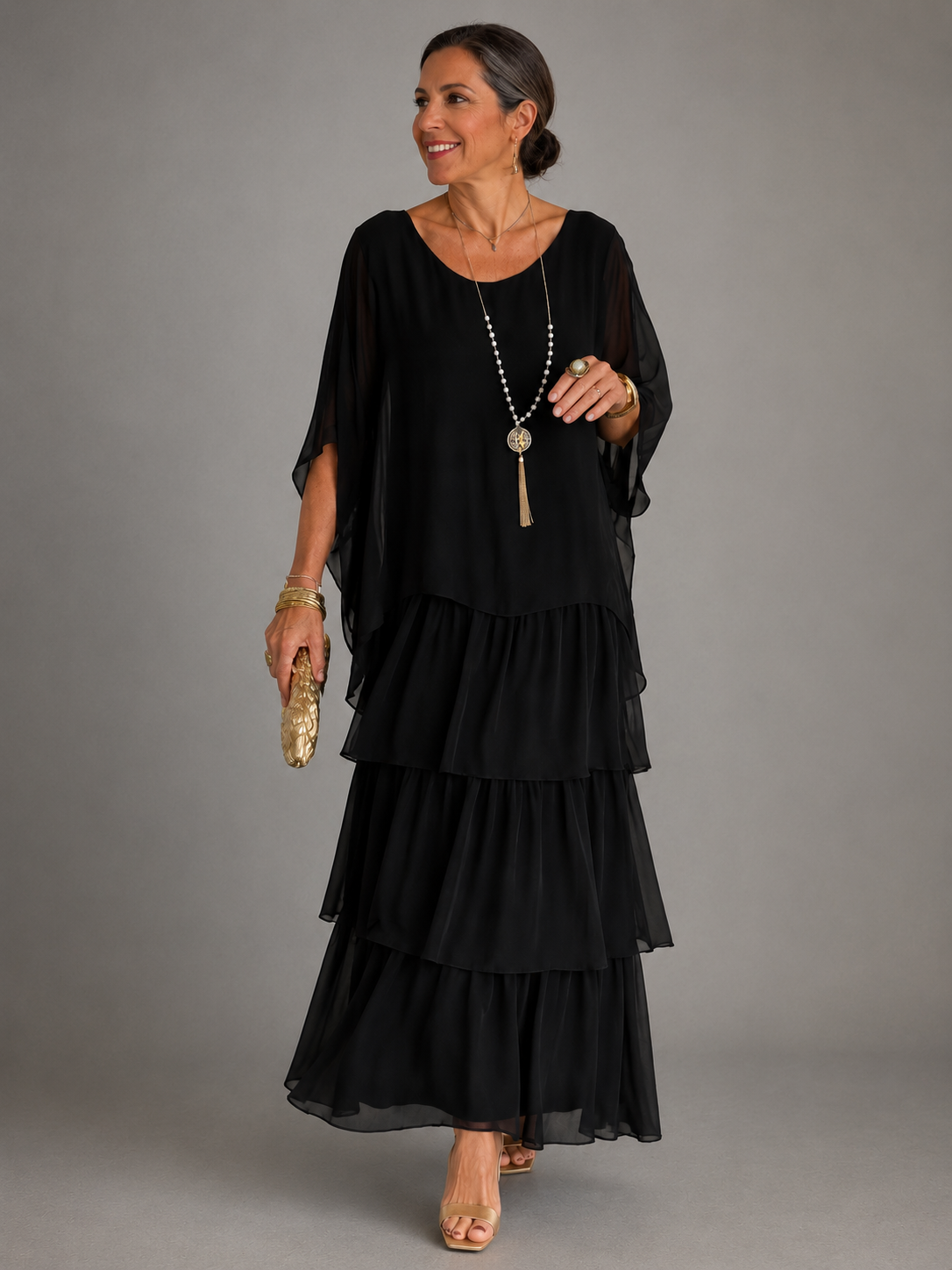 Robe maxi à couches pour femmes avec jupe fluide à volants
