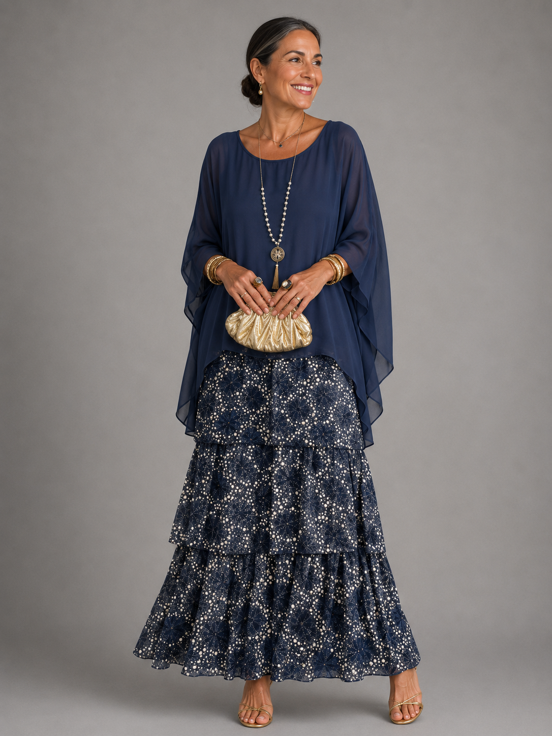 Robe maxi à couches pour femmes avec jupe fluide à volants