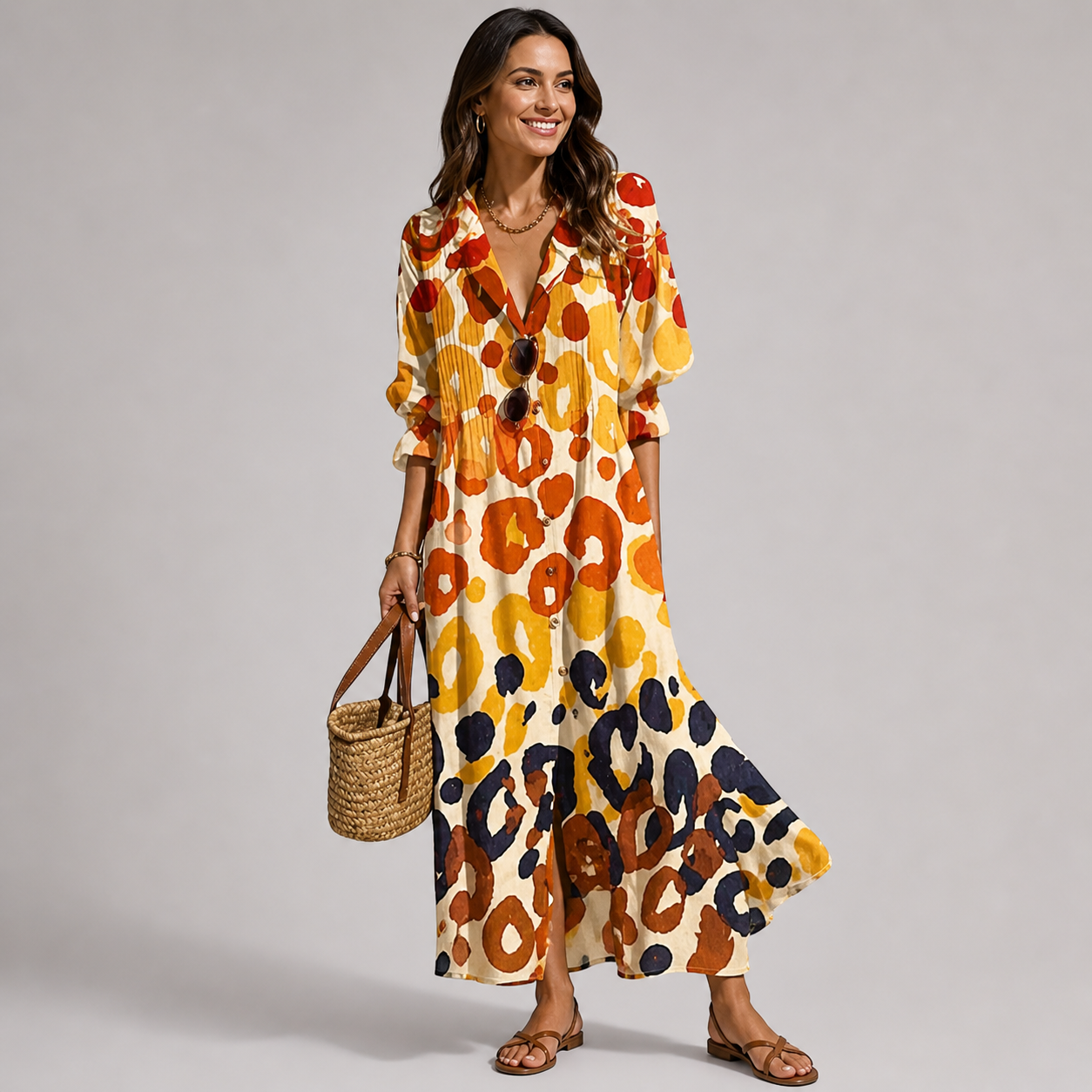 Women's Bohemian Printed Button-Front Maxi Dress