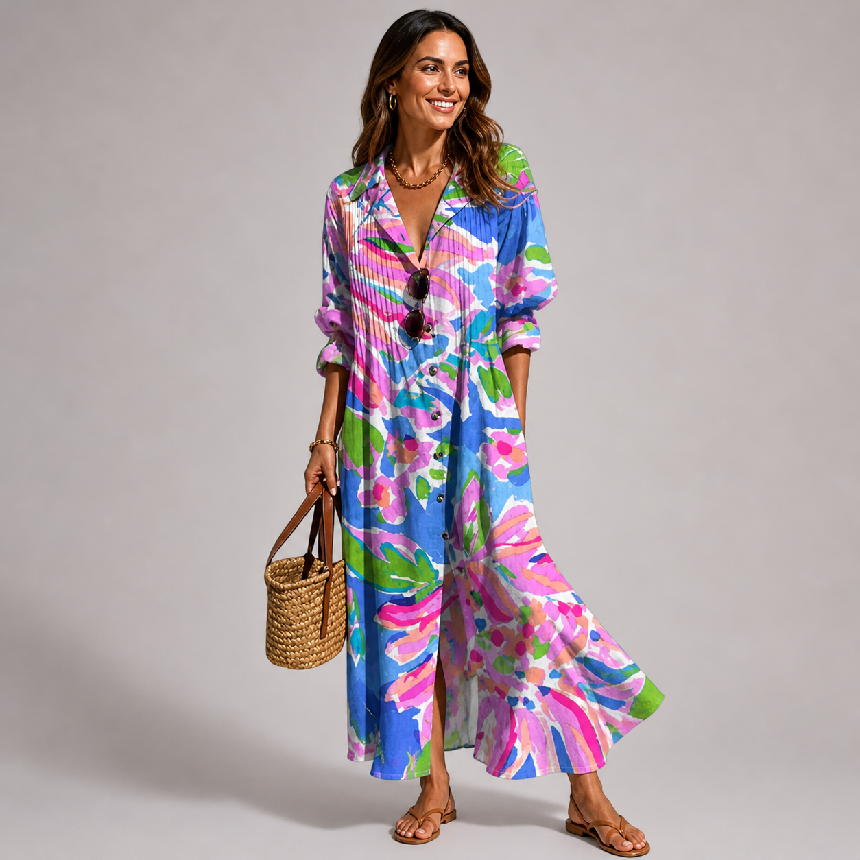 Women's Bohemian Printed Button-Front Maxi Dress