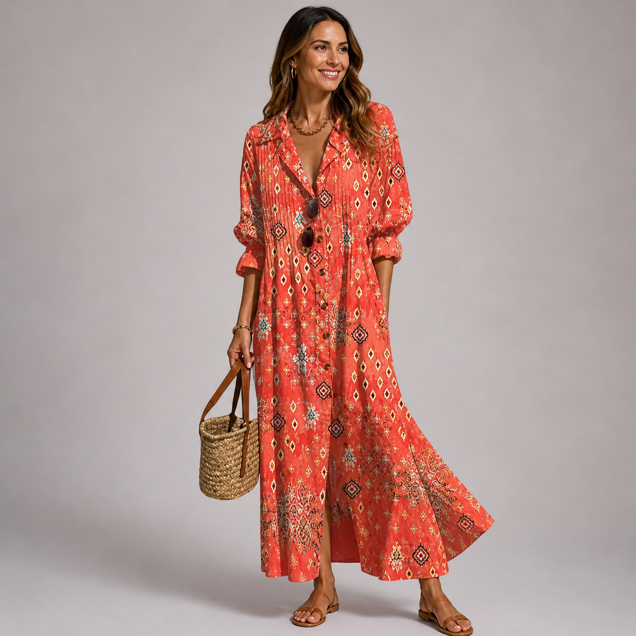 Women's Bohemian Printed Button-Front Maxi Dress