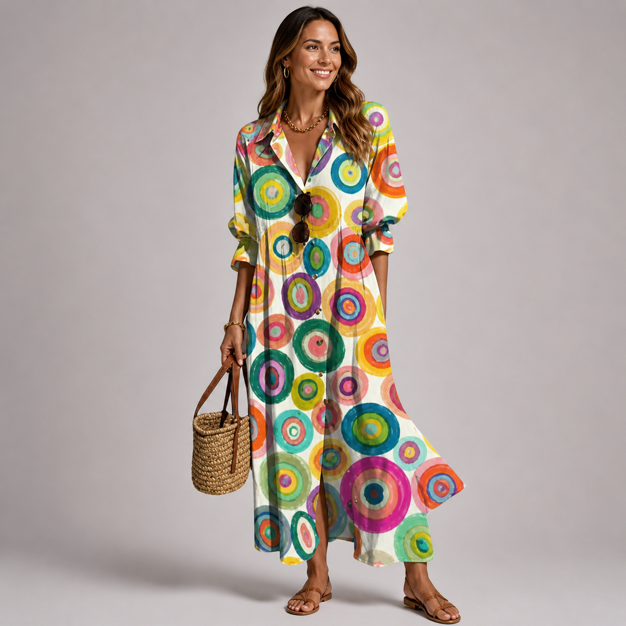 Women's Bohemian Printed Button-Front Maxi Dress