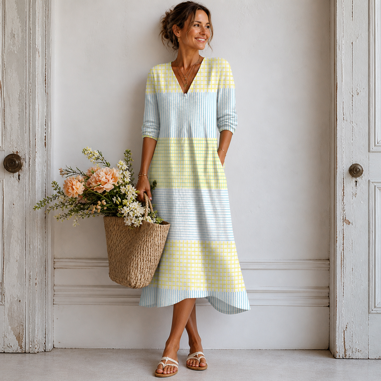 Women's Plaid Patchwork Midi Dress with Pockets