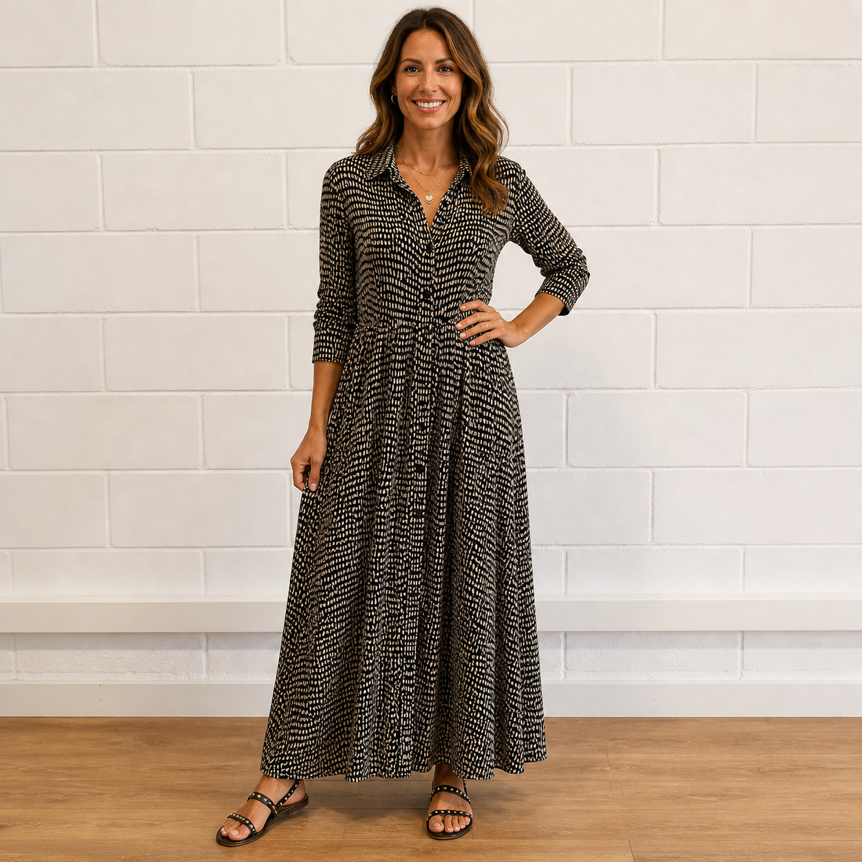 Women's Printed Button-Front Maxi Dress with Long Sleeves