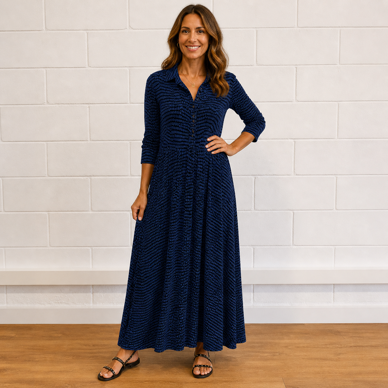 Women's Printed Button-Front Maxi Dress with Long Sleeves