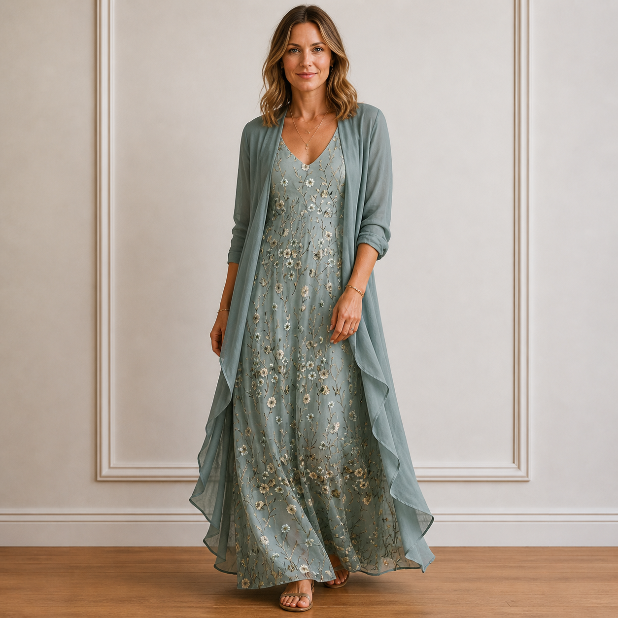 Women's Maxi Dress with Cardigan 2-Piece Set