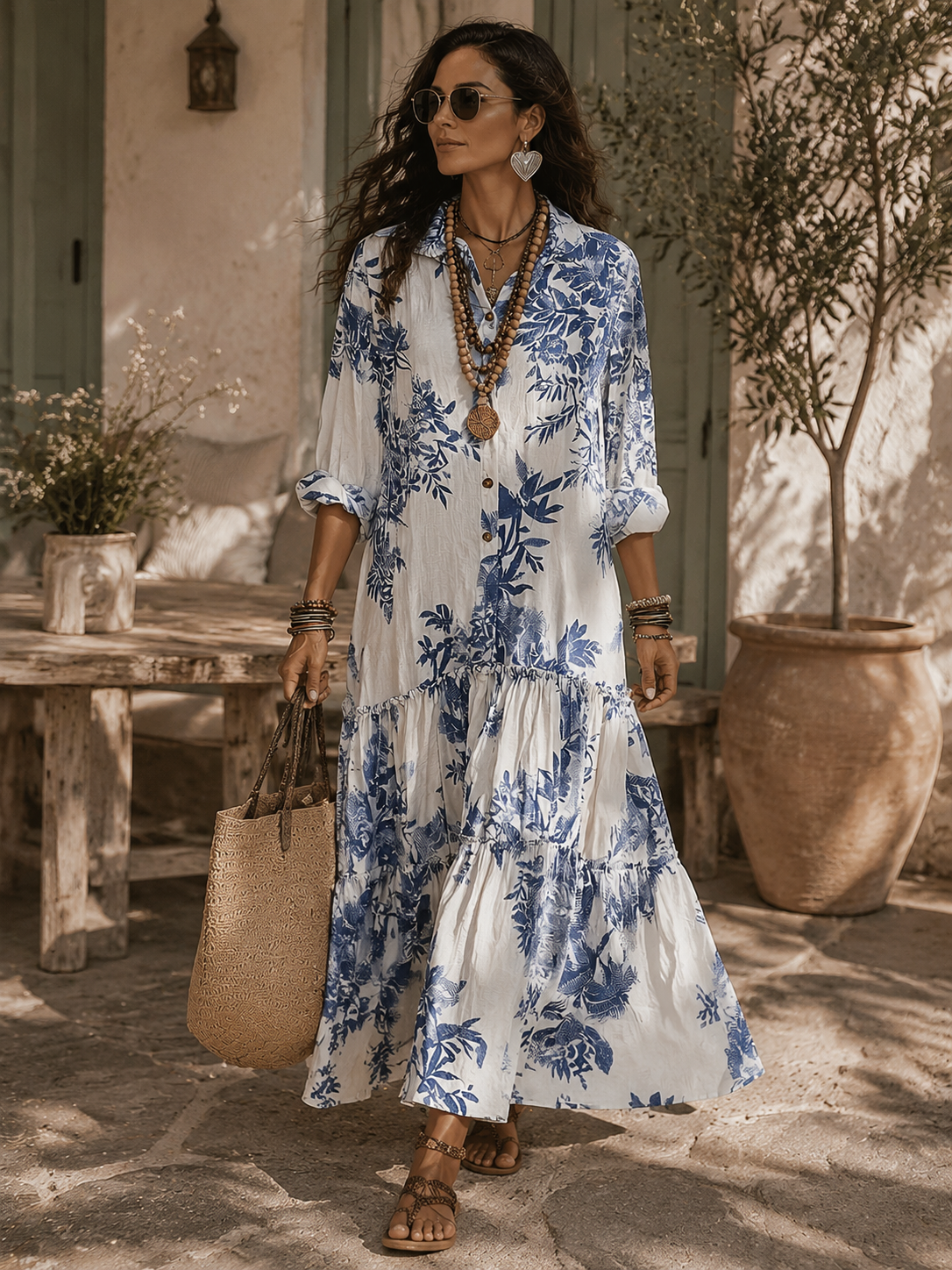 Abito lungo a balze con stampa botanica da donna