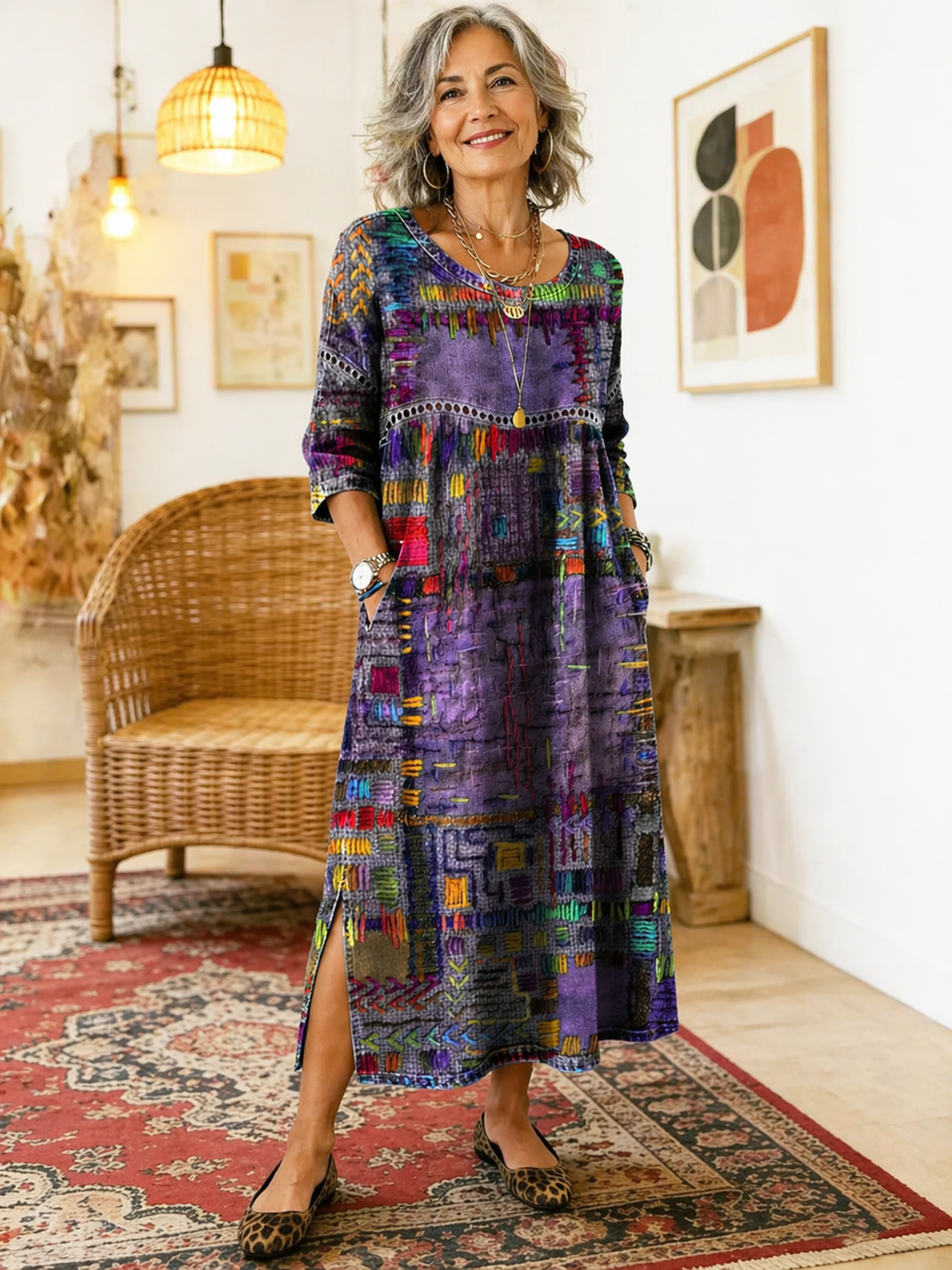 Robe midi bohème patchwork pour femme