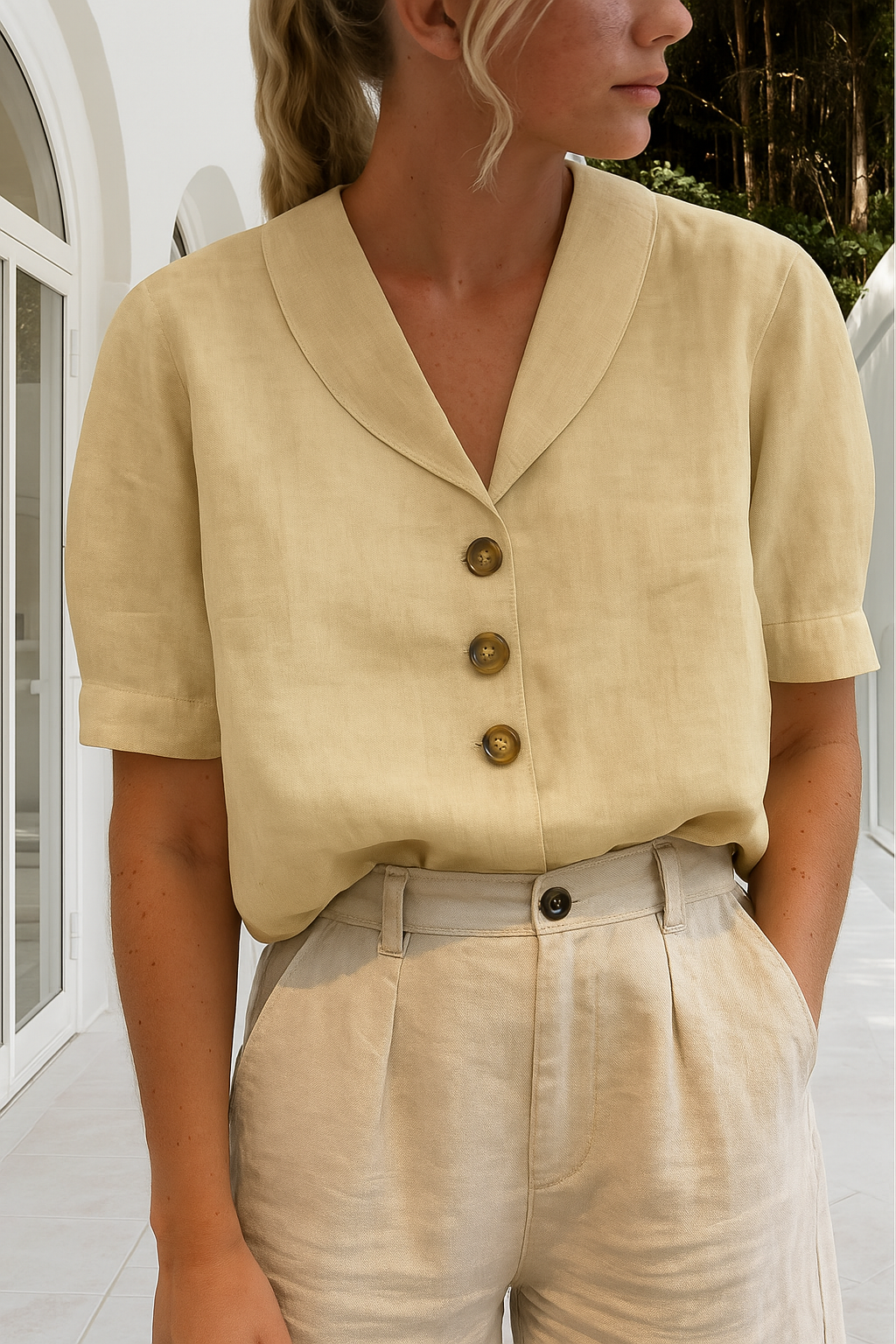 Blouse femme col en V avec détails boutons et manches courtes