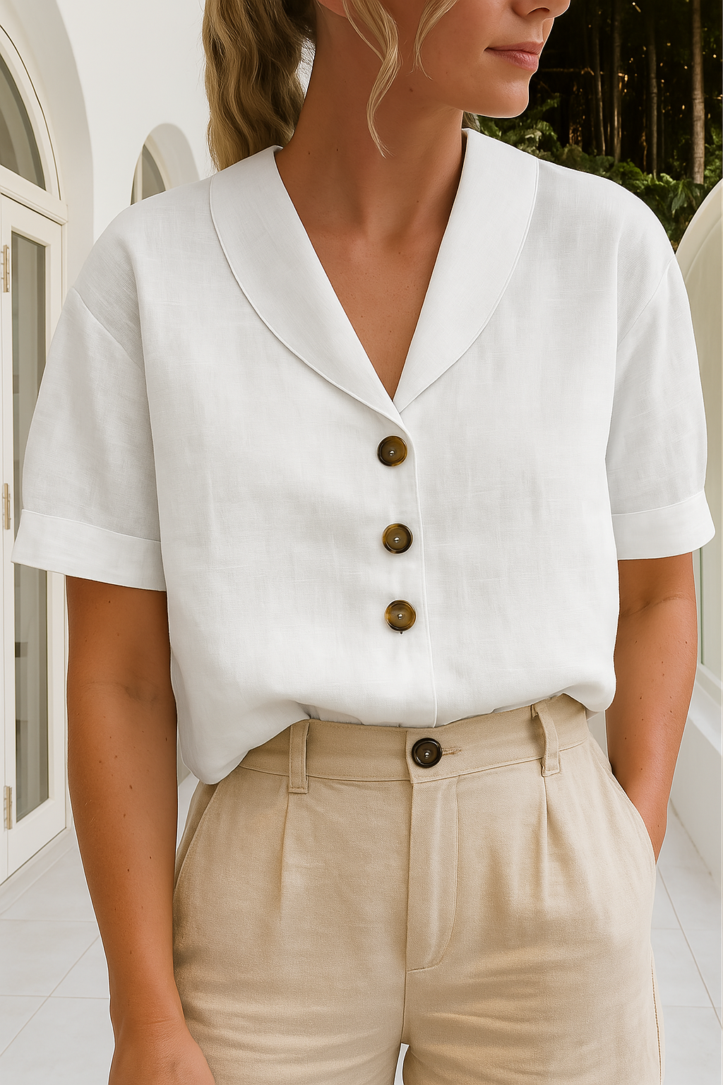 Blouse femme col en V avec détails boutons et manches courtes