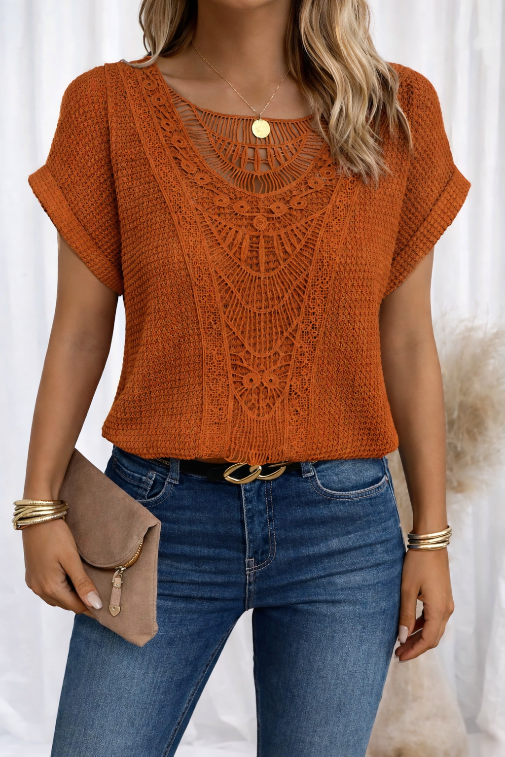 Women's Boho Crochet Lace Short Sleeve Top