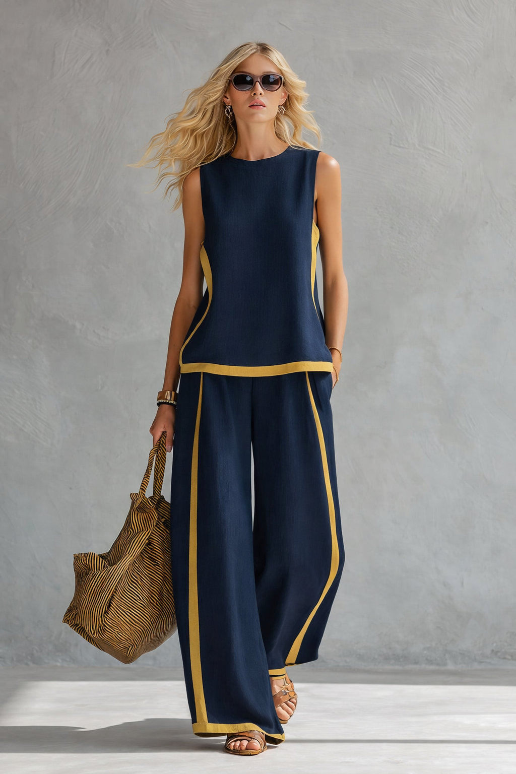 Ensemble pour femme : haut sans manches à col rond et pantalon large