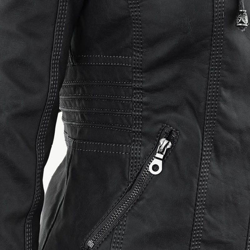 Giacca in pelle con cappuccio da donna con zip asimmetrica