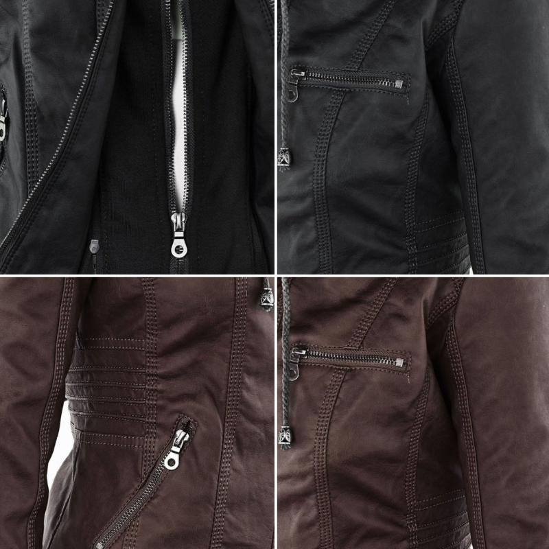 Giacca in pelle con cappuccio da donna con zip asimmetrica