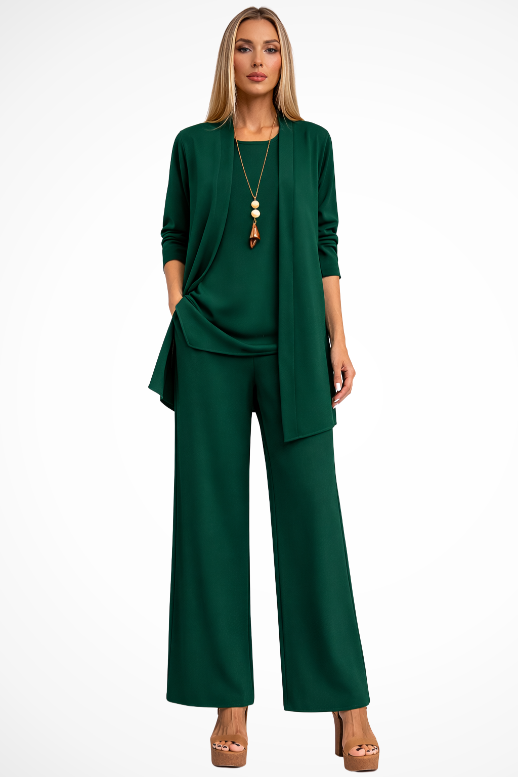 Women's Three-Piece Draped Cardigan & Wide-Leg Pants Set