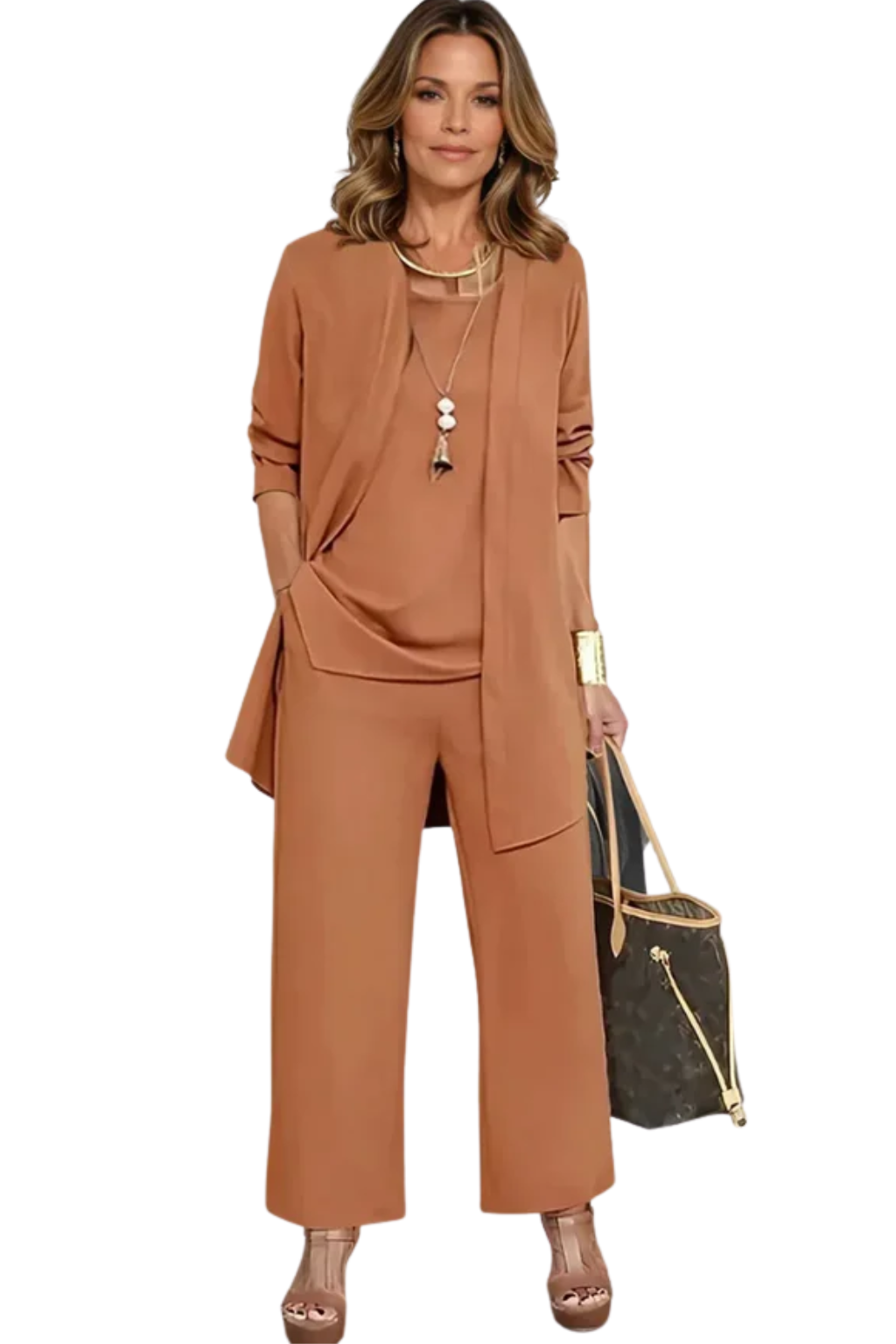 Women's Three-Piece Draped Cardigan & Wide-Leg Pants Set