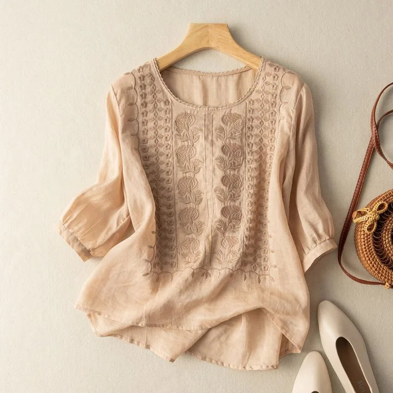Women's Vintage Embroidered Blouse with Sheer Puff Sleeves