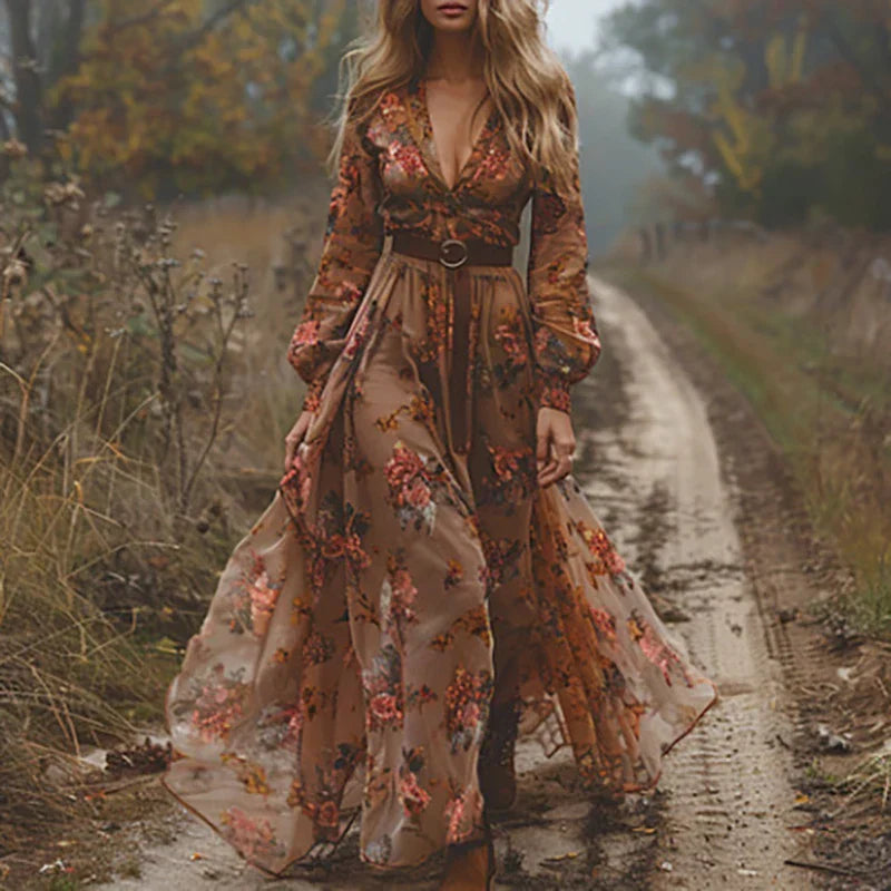 Women's Embroidered Long Sleeve Boho Maxi Dress
