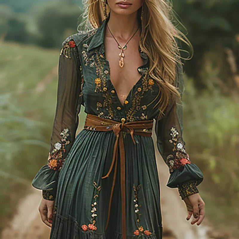 Women's All-Over Embroidered Boho Maxi Dress with Balloon Sleeves