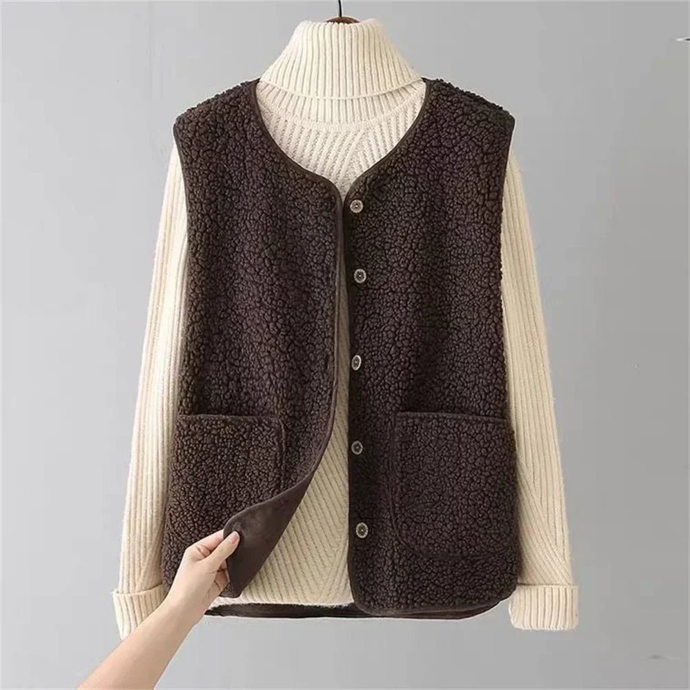 Gilet da donna in pile senza maniche con abbottonatura frontale, ideale per vestirsi a strati