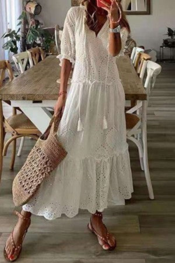 Γυναικείο Μάξι Φόρεμα Boho με Φλοράλ Σχέδιο, Φούντες και V-Λαιμόκοψη
