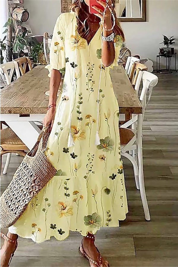 Γυναικείο Μάξι Φόρεμα Boho με Φλοράλ Σχέδιο, Φούντες και V-Λαιμόκοψη
