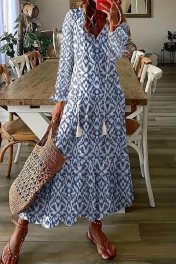 Γυναικείο Μάξι Φόρεμα Boho με Φλοράλ Σχέδιο, Φούντες και V-Λαιμόκοψη