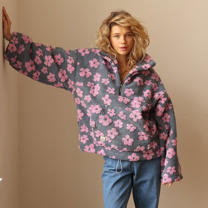 Women's Oversized Floral Teddy Fleece Jacket