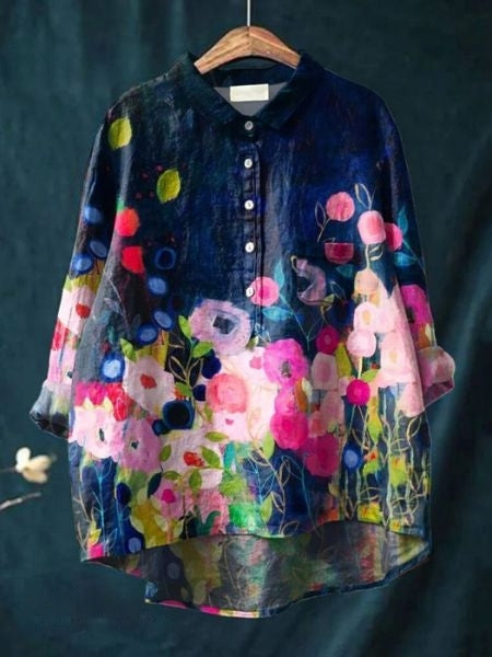 Printed Button-Up Shirt Women Loose Fit Floral Style