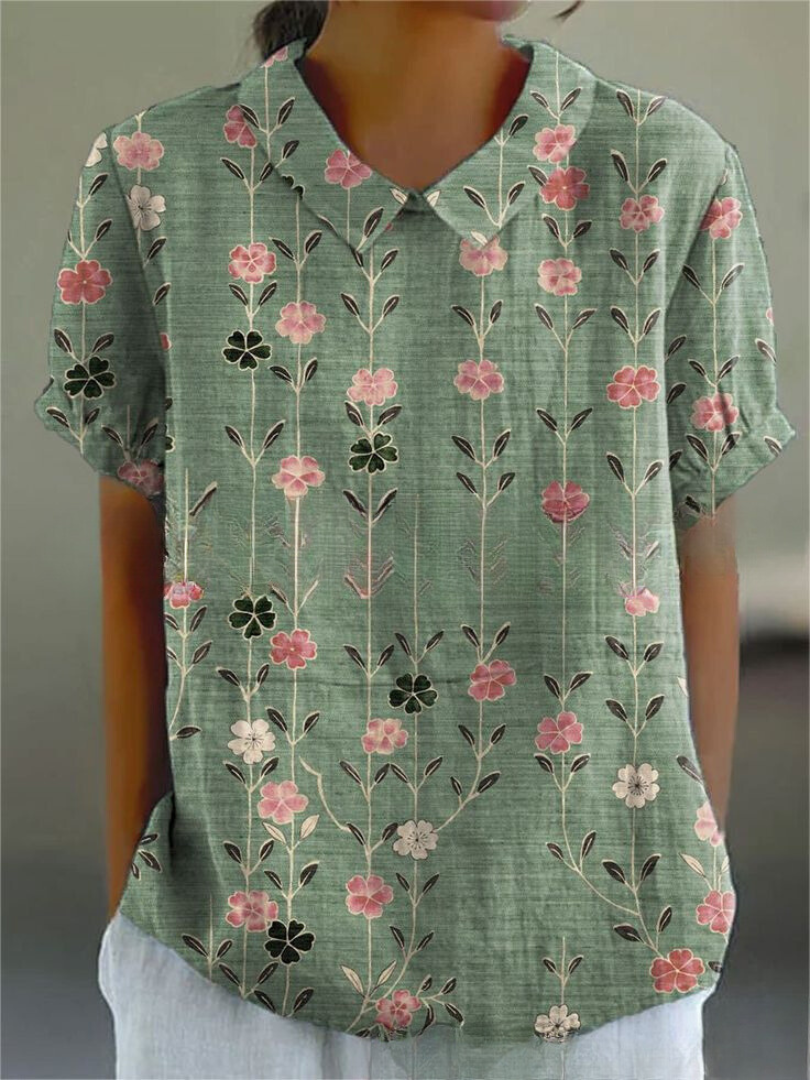 Floral Casual Short Sleeve Collared Blouse