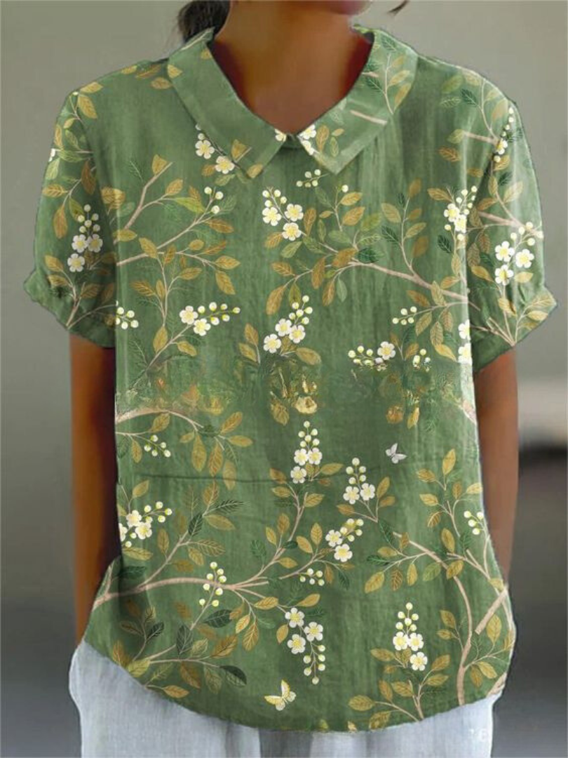 Floral Casual Short Sleeve Collared Blouse