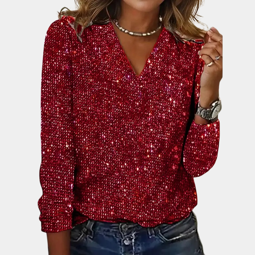 Blusa da donna con paillettes e scollo a V, top scintillante