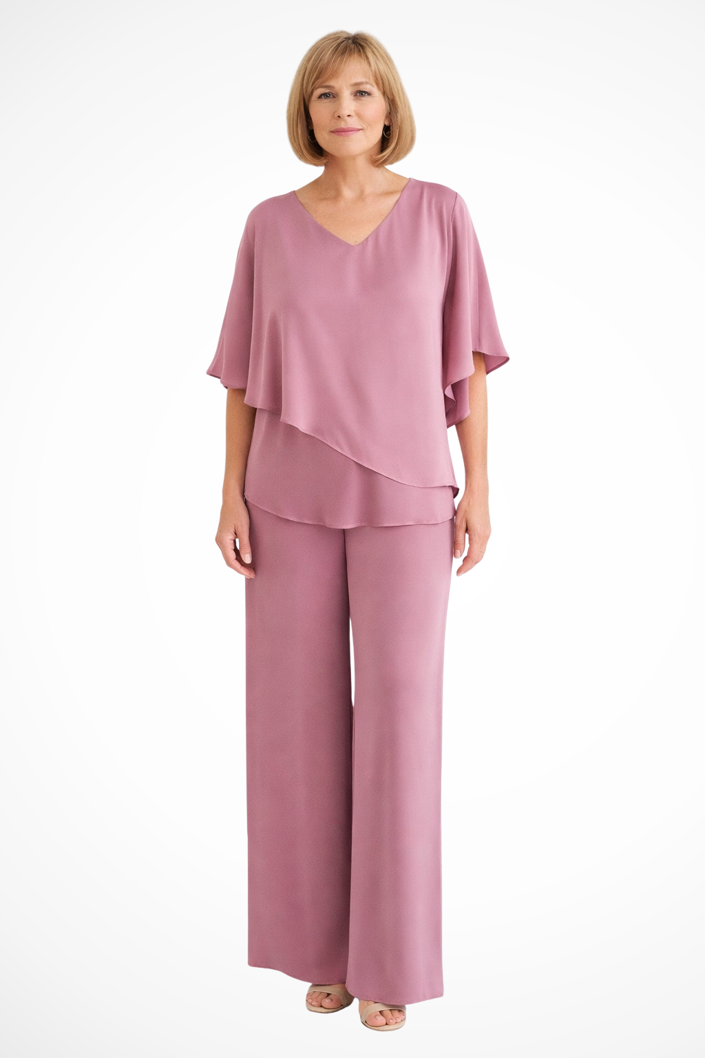 Ensemble élégant pour femme deux pièces : haut à col en V et manches chauve-souris, pantalon à jambes larges