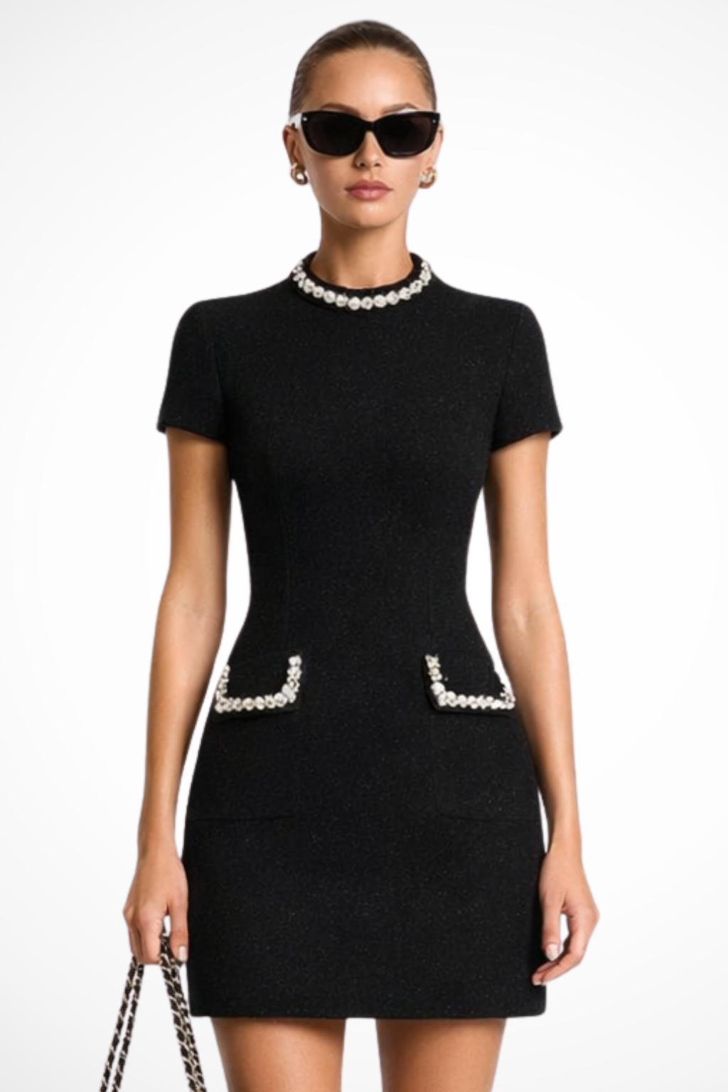 Robe courte élégante pour femme avec bordure en perles et détail poche