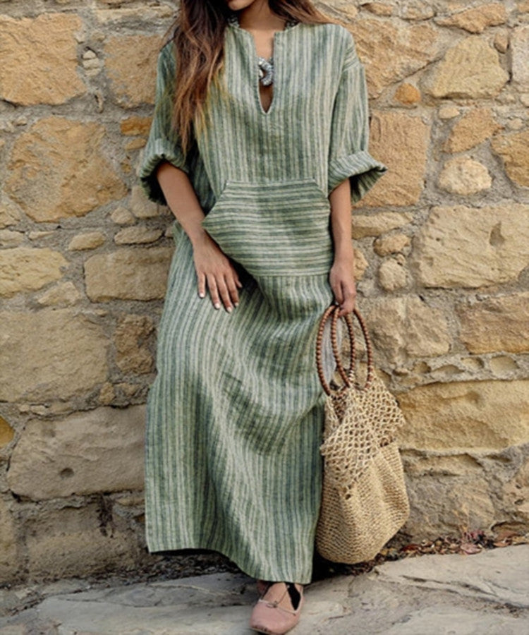 Abito lungo da donna a righe con scollo a V