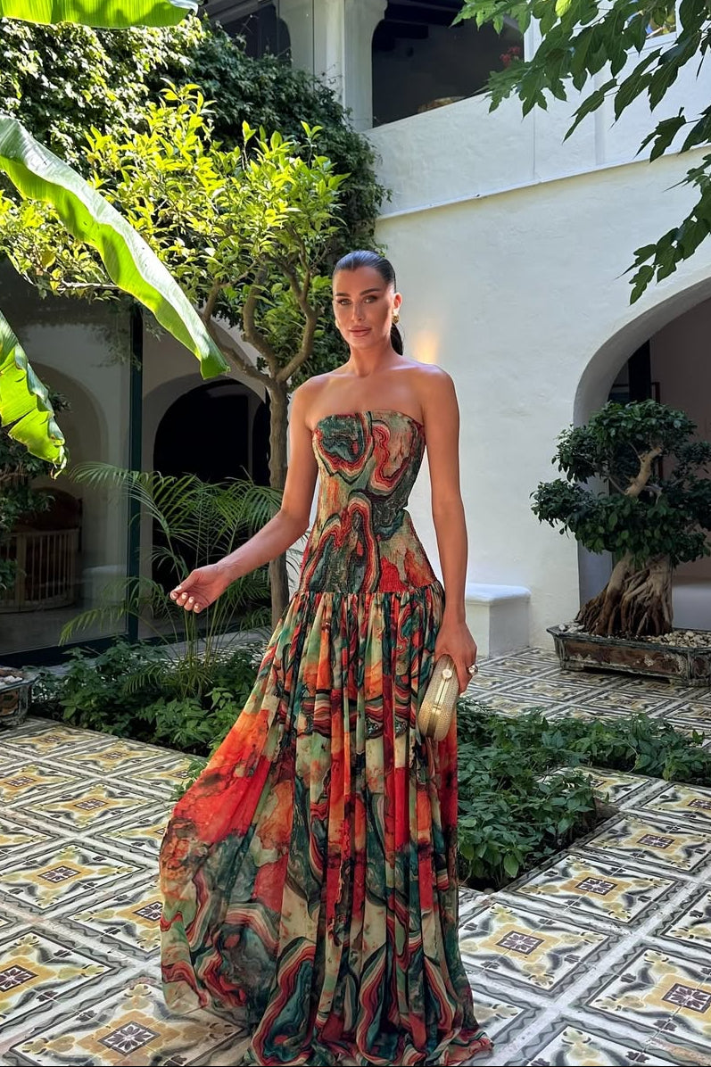 Γυναικείο μάξι φόρεμα boho με λουλουδάτο μοτίβο και στράπλες σχέδιο