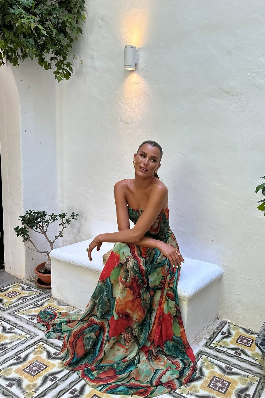 Γυναικείο μάξι φόρεμα boho με λουλουδάτο μοτίβο και στράπλες σχέδιο