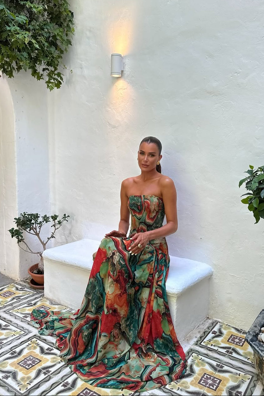 Γυναικείο μάξι φόρεμα boho με λουλουδάτο μοτίβο και στράπλες σχέδιο