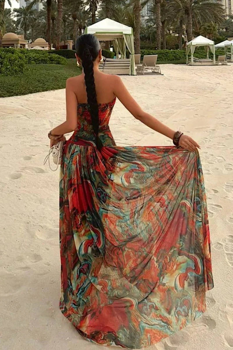 Γυναικείο μάξι φόρεμα boho με λουλουδάτο μοτίβο και στράπλες σχέδιο