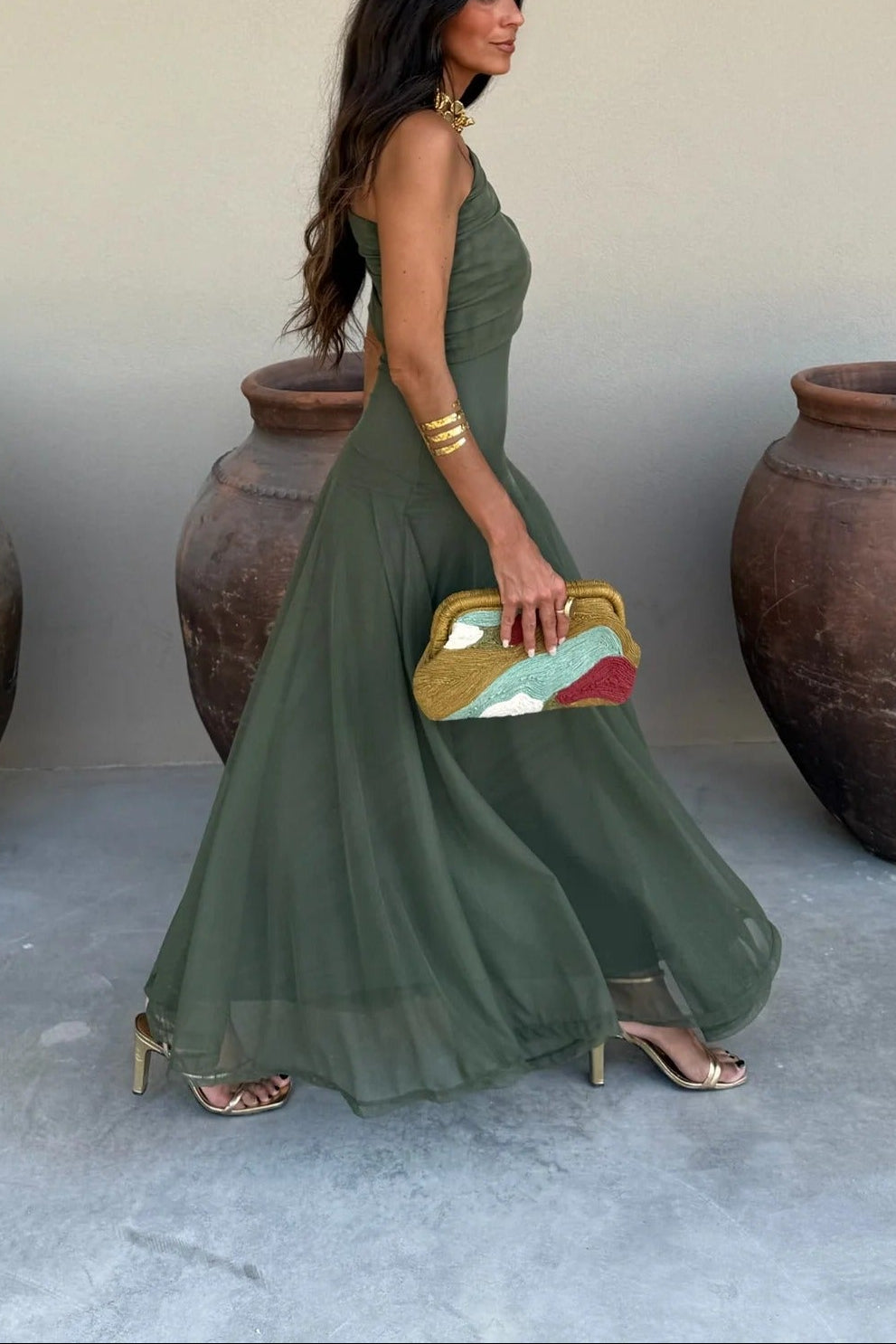 Women's One-Shoulder Mesh Maxi Dress