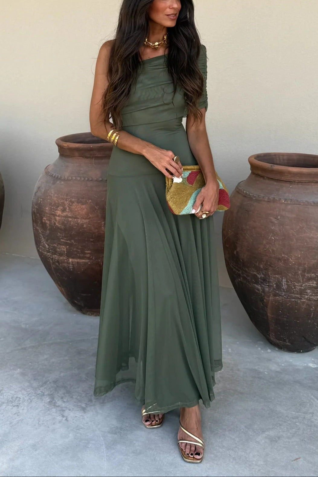 Women's One-Shoulder Mesh Maxi Dress
