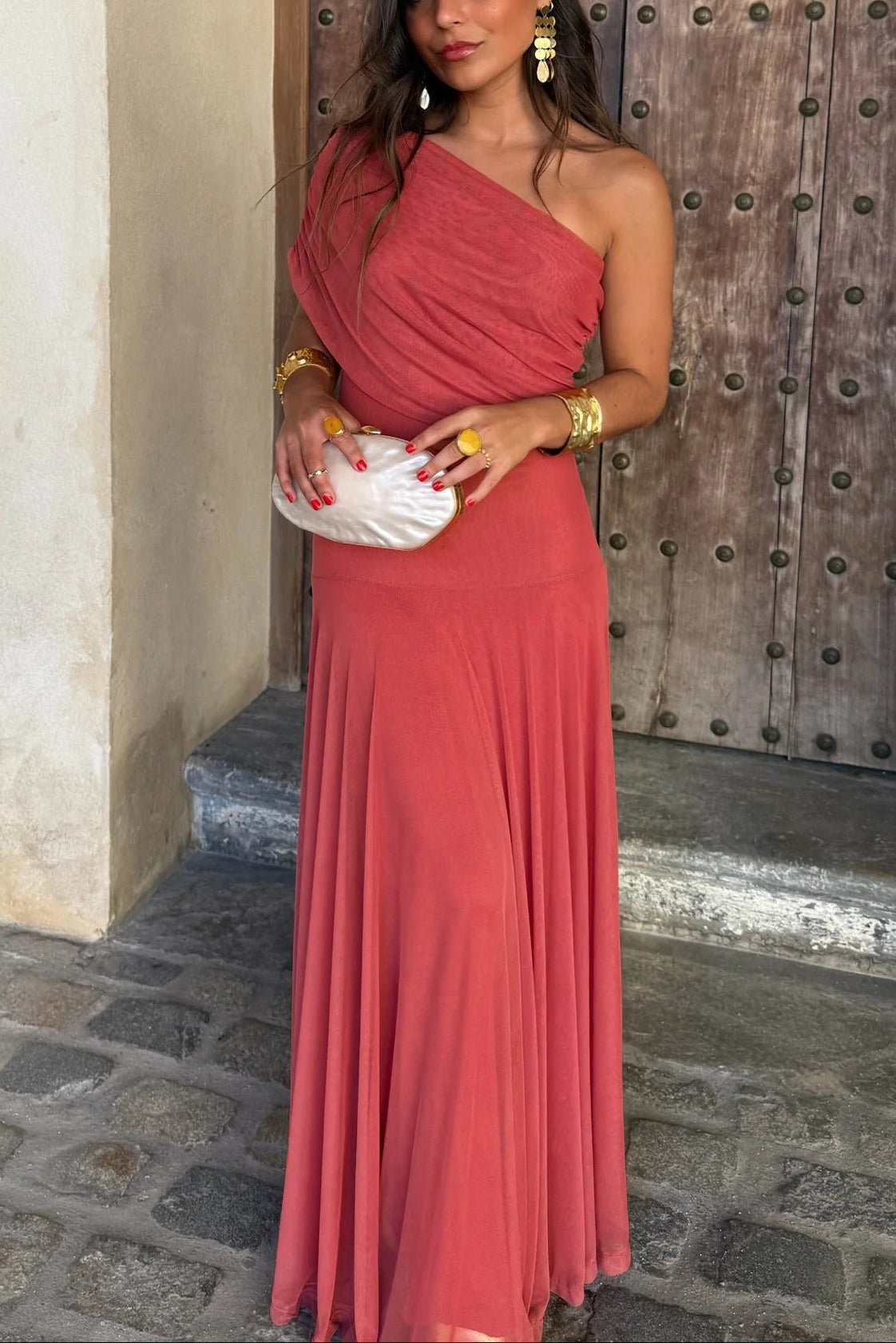 Women's One-Shoulder Mesh Maxi Dress