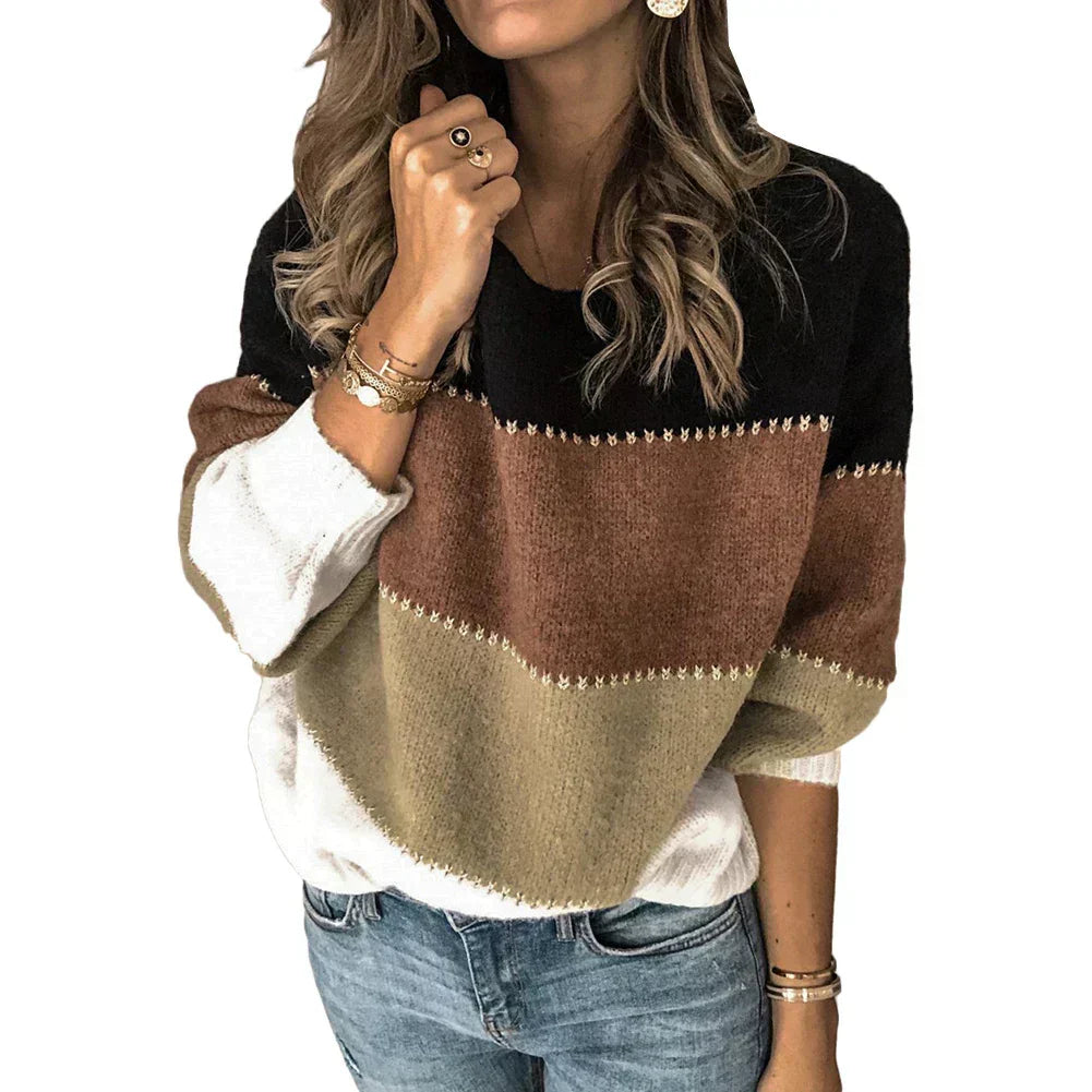 Women's Color Block Oversized Crew Neck Sweater