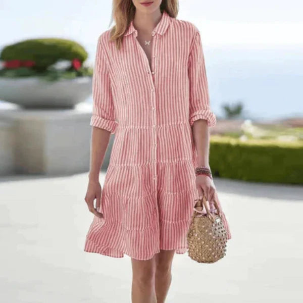 Women’s Striped Button Up Long Sleeve Mini Shirt Dress
