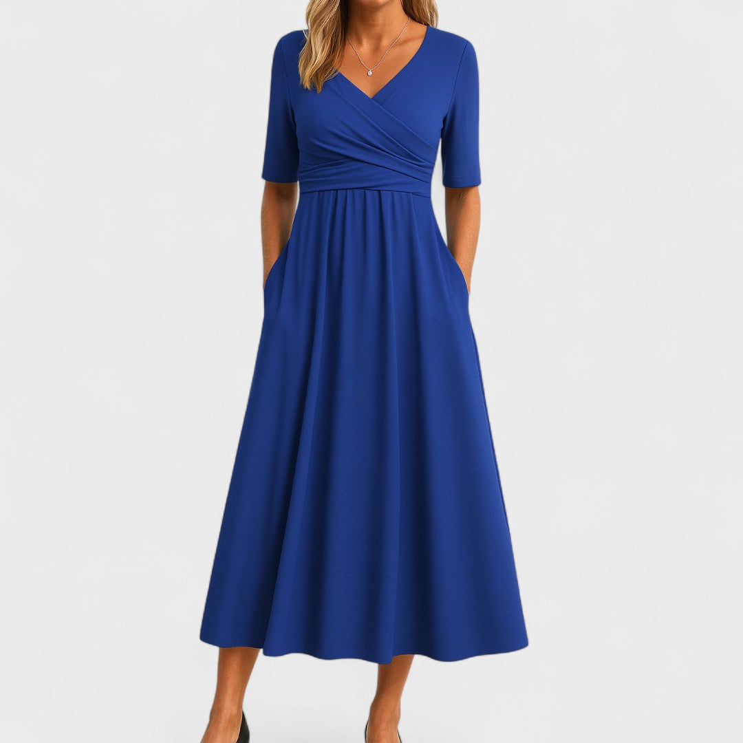 Women's V-Neck Midi Dress with Crossover Waist