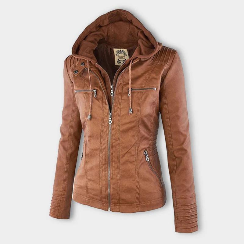 Giacca in pelle con cappuccio da donna con zip asimmetrica