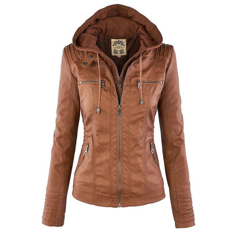 Giacca in pelle con cappuccio da donna con zip asimmetrica