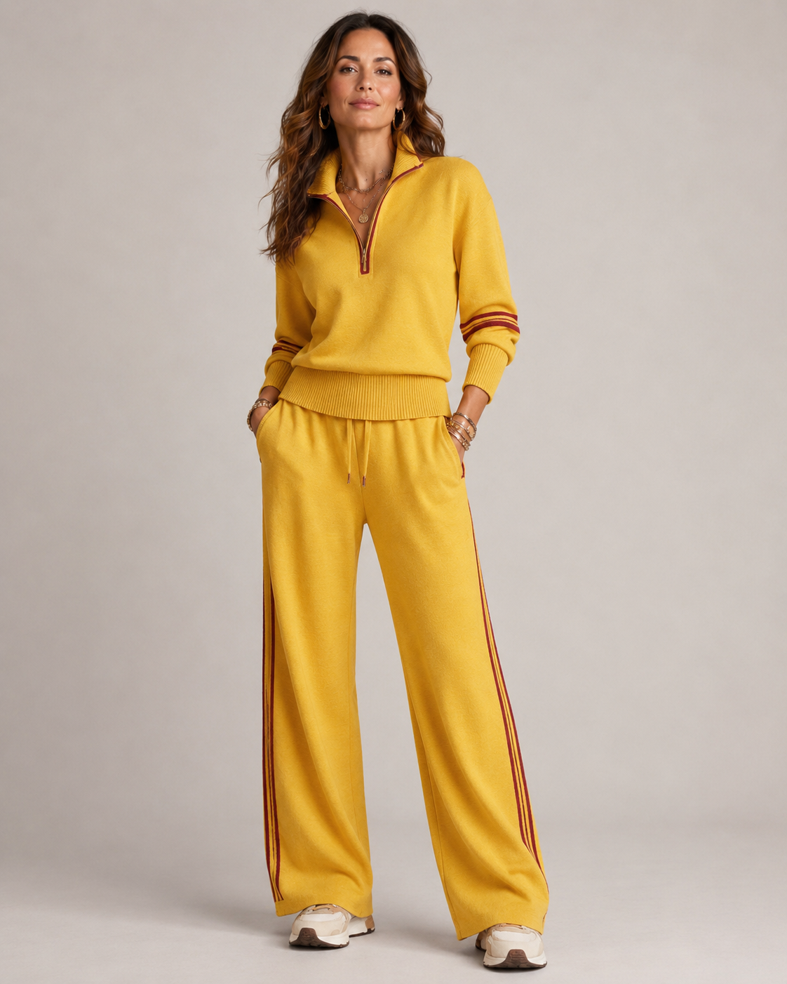 Conjunto de chándal para mujer con cremallera de un cuarto y pantalones a rayas