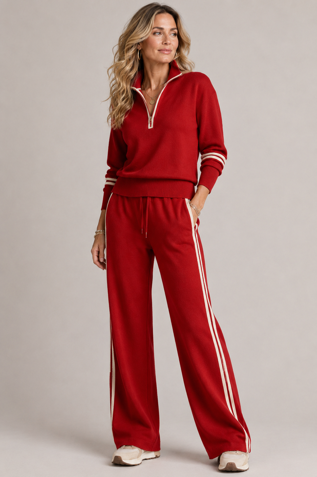 Conjunto de chándal para mujer con cremallera de un cuarto y pantalones a rayas